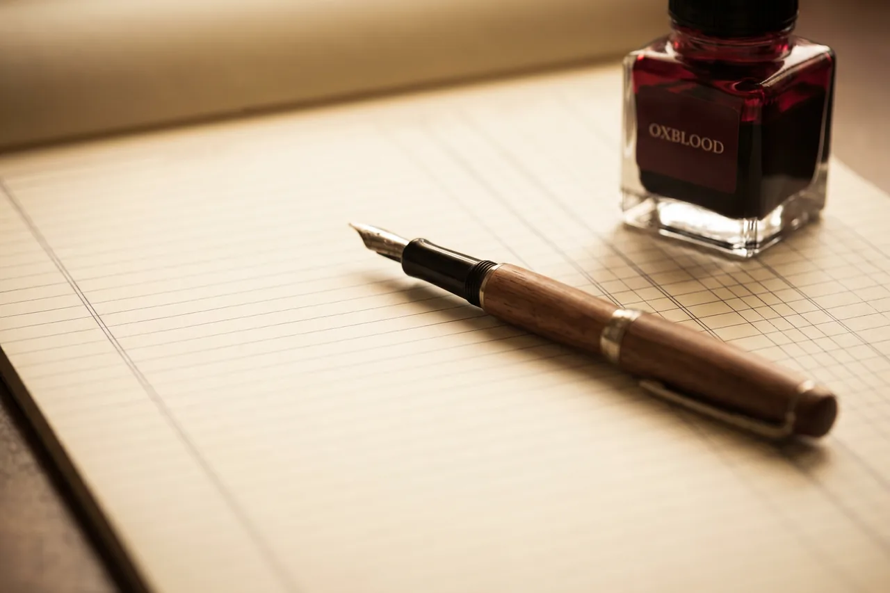 A fountain pen resting on a ruled ledger sheet beside a bottle of oxblood ink
