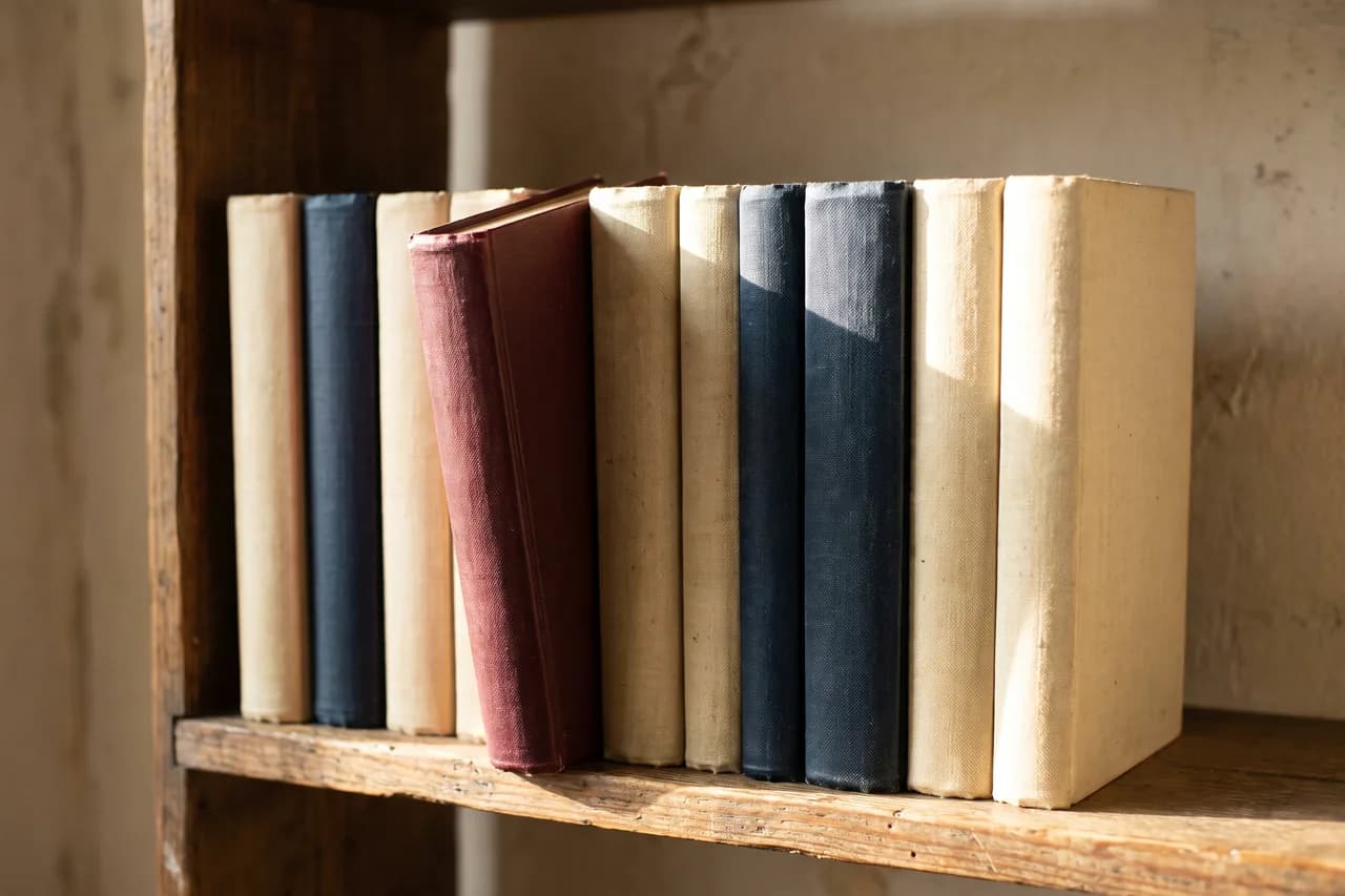 Ten slim cloth-bound volumes on a wooden shelf, one pulled slightly forward