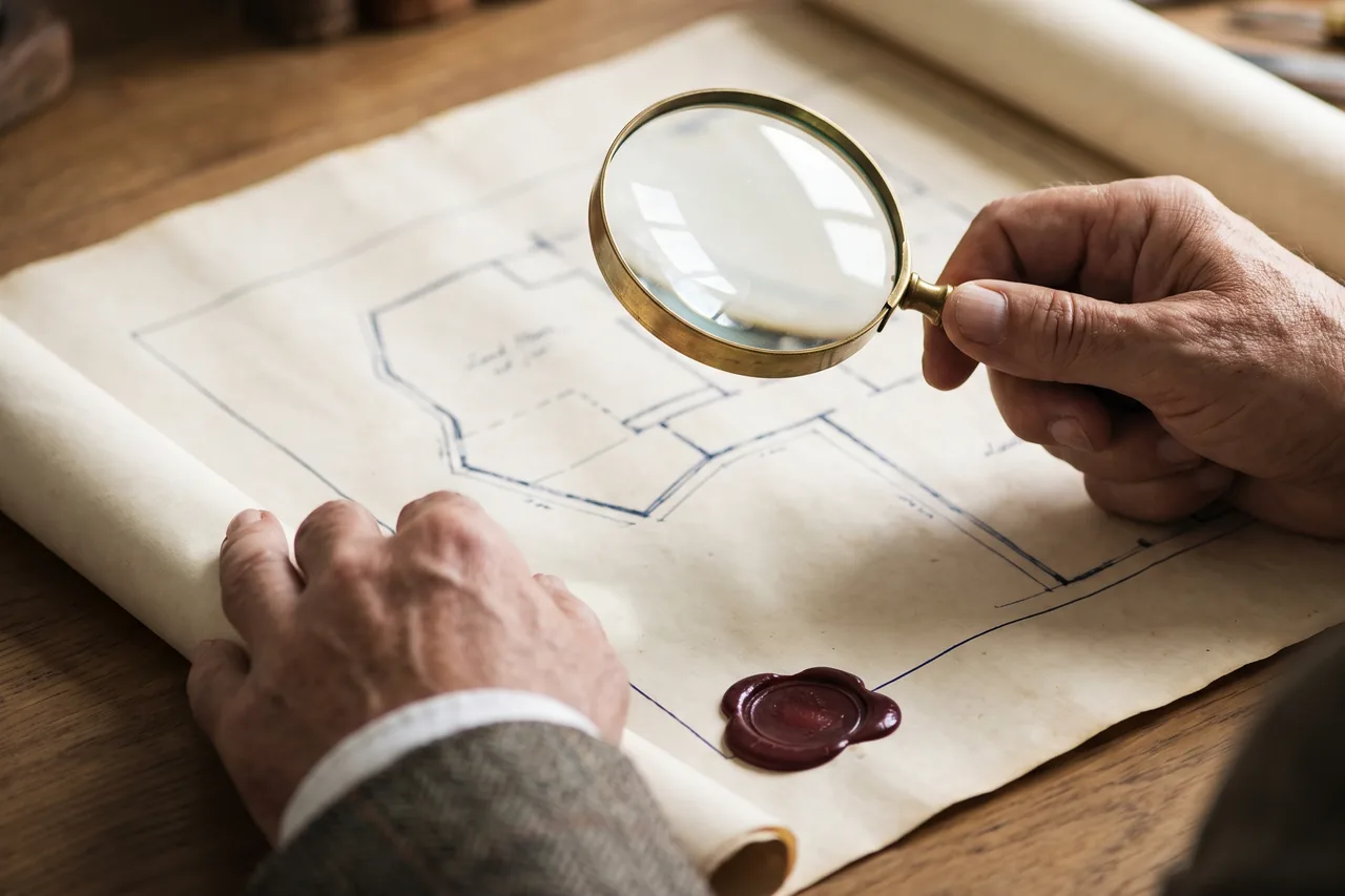 A man's hands holding a brass magnifying glass over an unrolled land plan