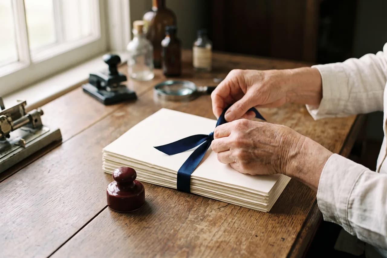 An older woman's hands tying a ribbon around a bundle of folded documents at a desk