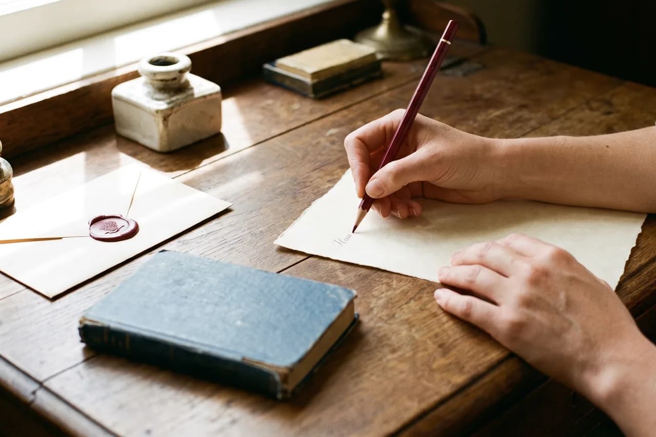 A woman's hands annotating a printed letter with an oxblood pencil