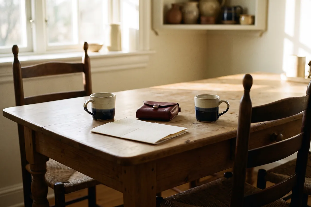 A calm kitchen table with two cups of coffee and a folded sheet of paper between them