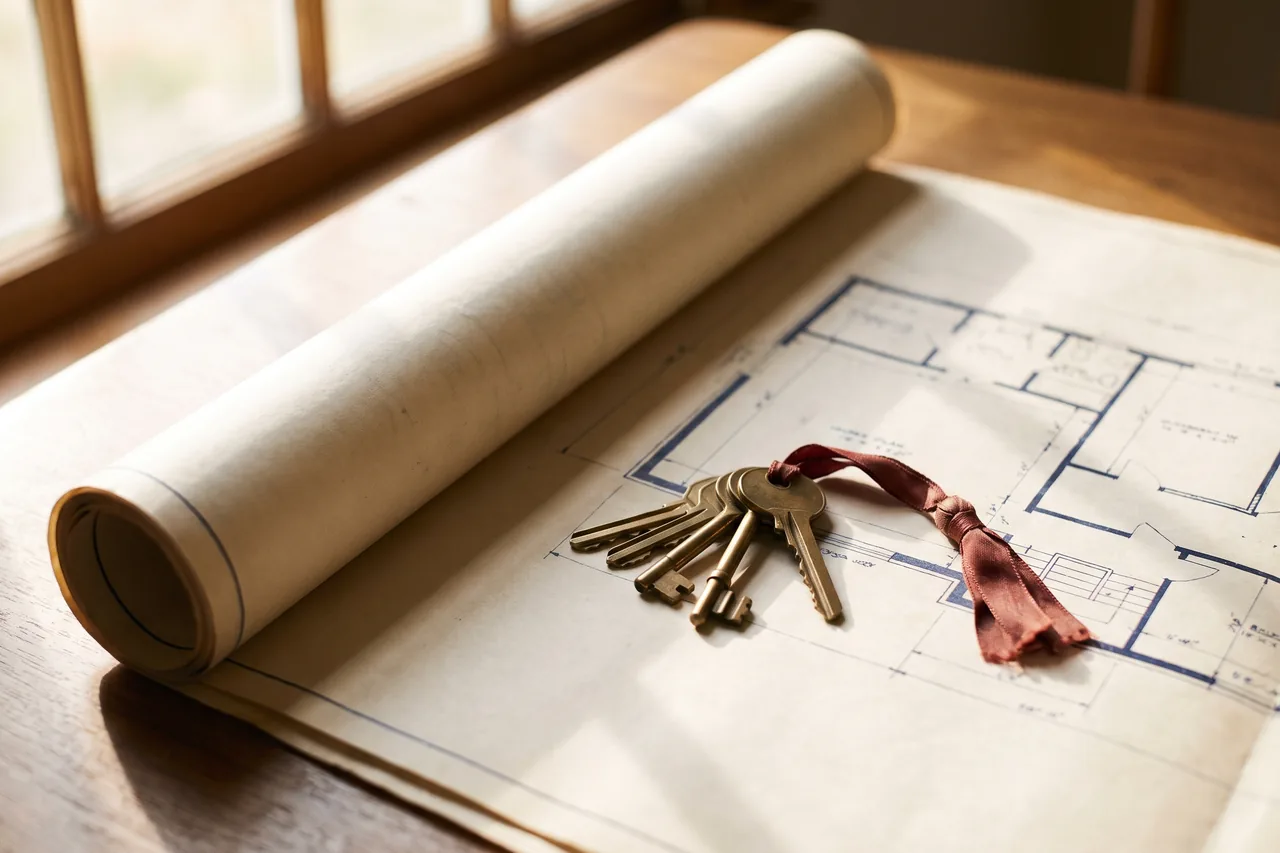 House keys resting on a partially unrolled survey plan in morning light