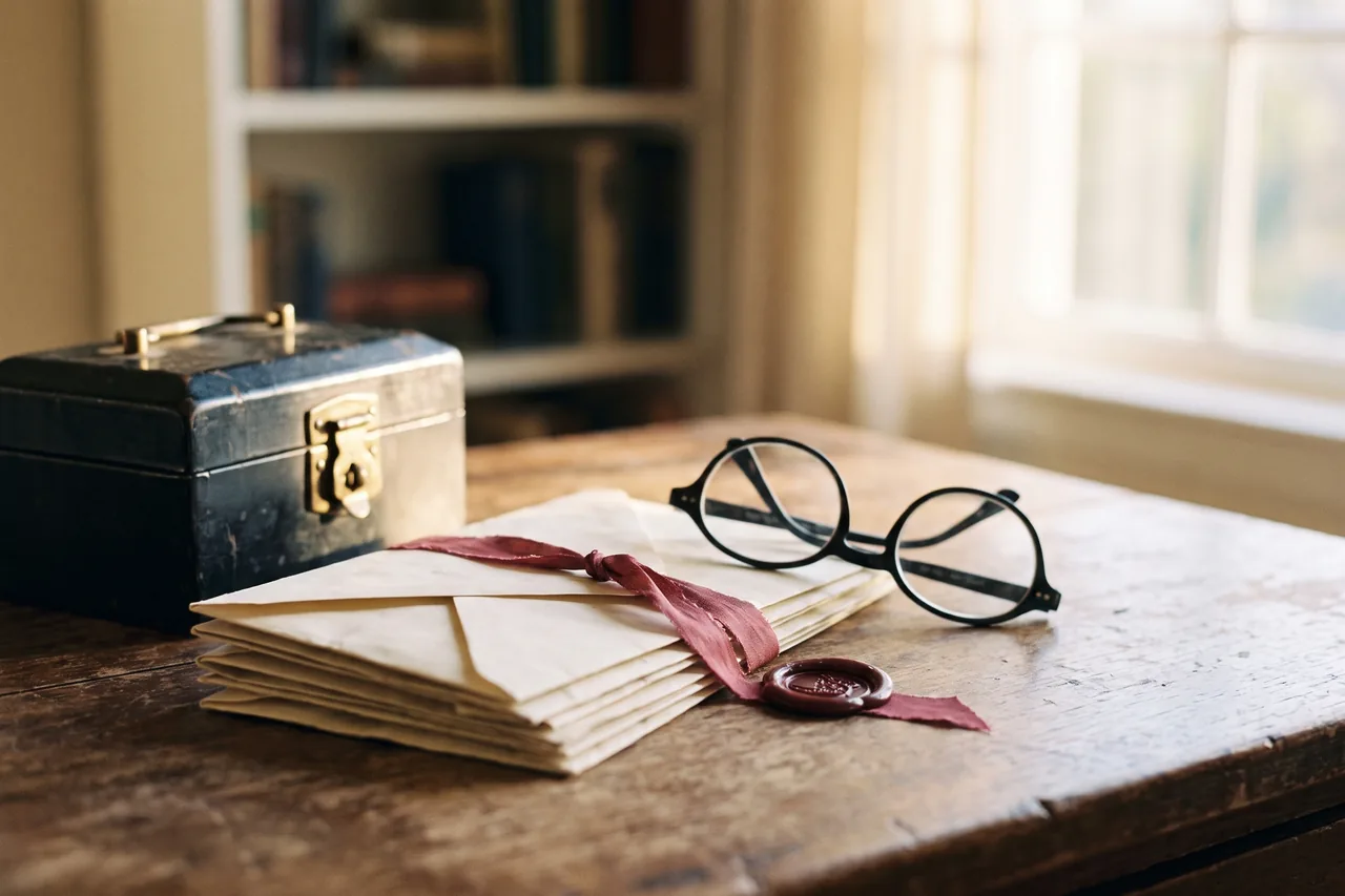 A small black deed box with a ribbon-tied bundle of documents and reading glasses beside it