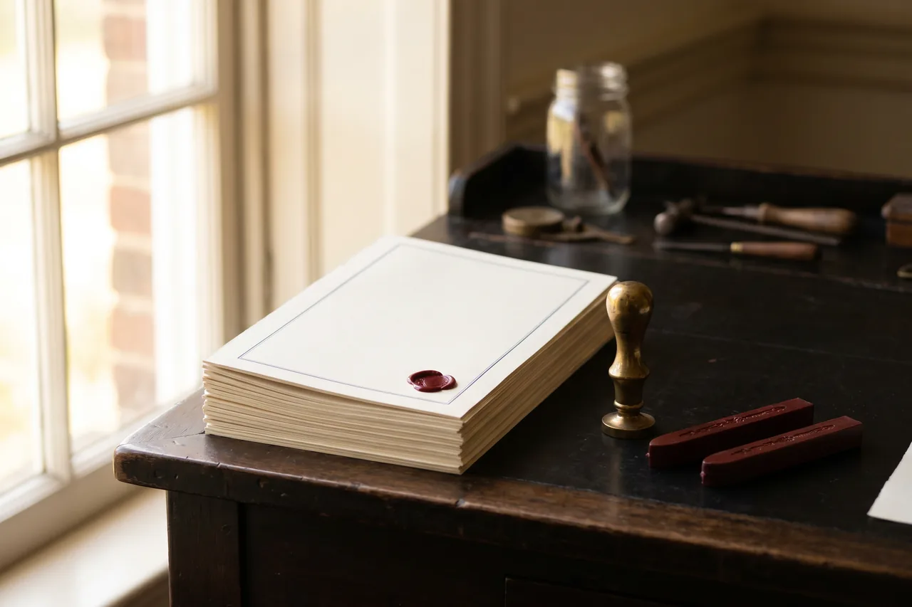 A stack of drafted agreement pages on a dark desk with a brass seal press and sticks of oxblood sealing wax